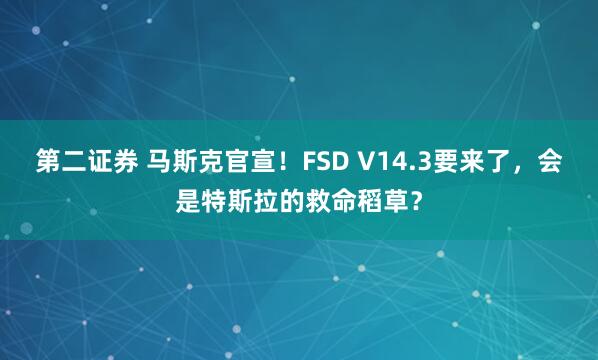 第二证券 马斯克官宣！FSD V14.3要来了，会是特斯拉的救命稻草？